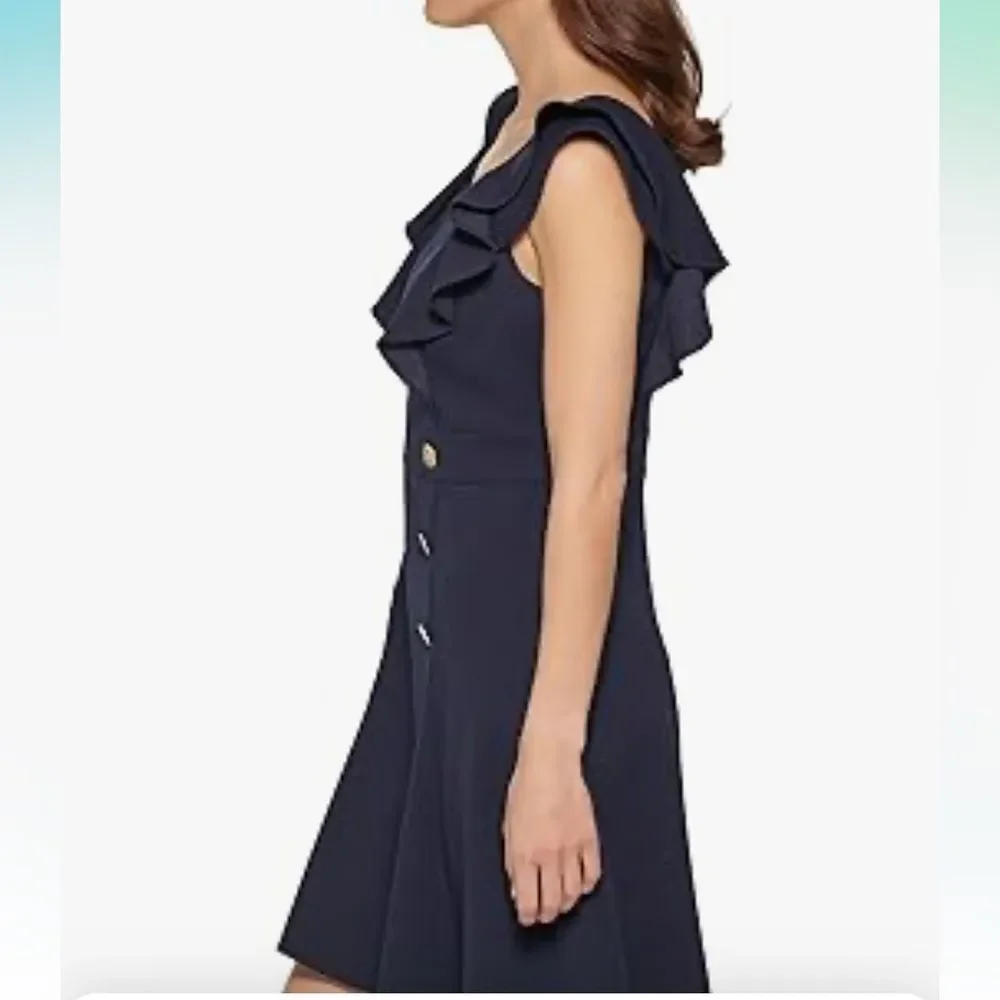 NWT DKNY | Midnight‎ Navy Double Ruffle Sleeve Fit and Flare Dress 10P - Picture 2 of 8